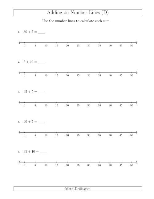 The Adding up to 50 on Number Lines with Intervals of 5 (D) Math Worksheet