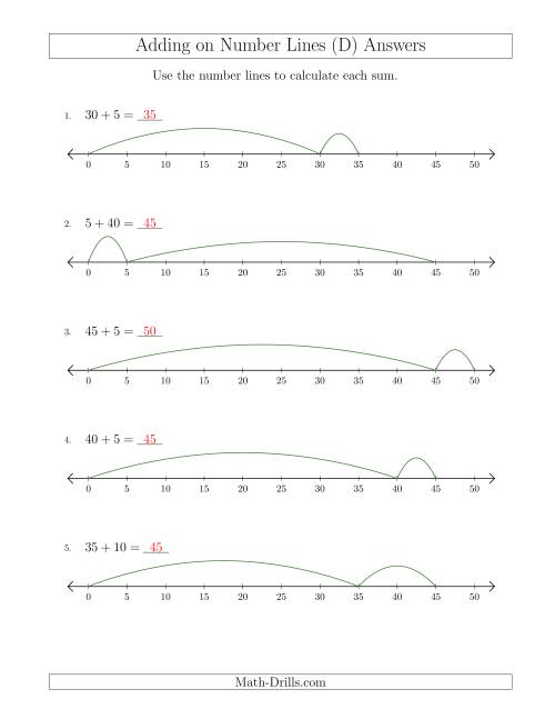 The Adding up to 50 on Number Lines with Intervals of 5 (D) Math Worksheet Page 2