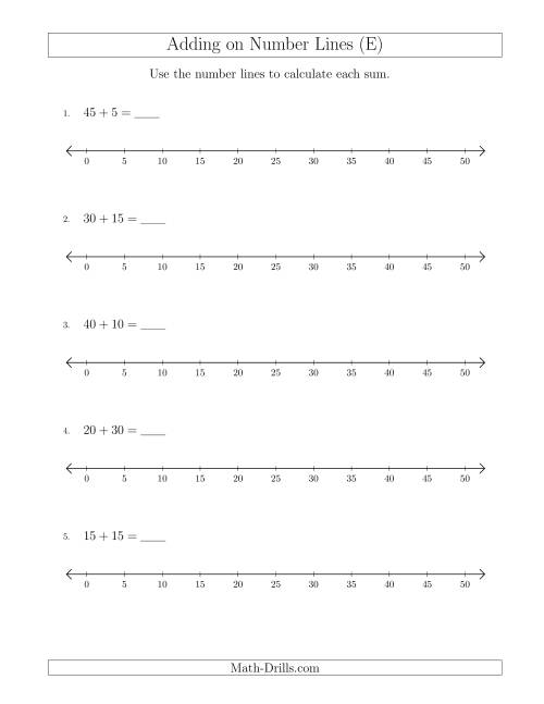 The Adding up to 50 on Number Lines with Intervals of 5 (E) Math Worksheet