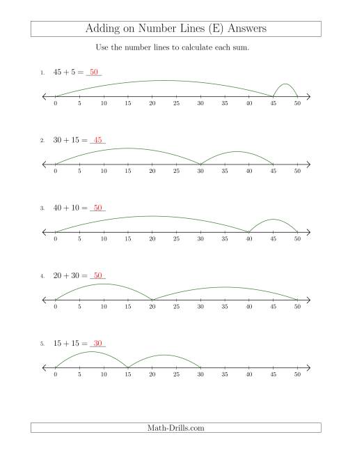 The Adding up to 50 on Number Lines with Intervals of 5 (E) Math Worksheet Page 2