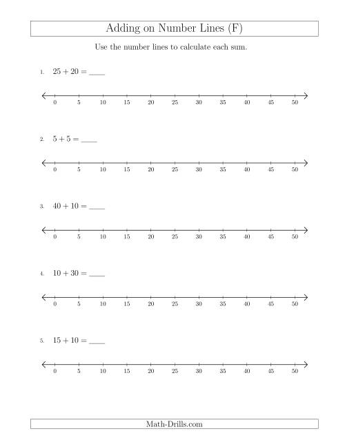 The Adding up to 50 on Number Lines with Intervals of 5 (F) Math Worksheet