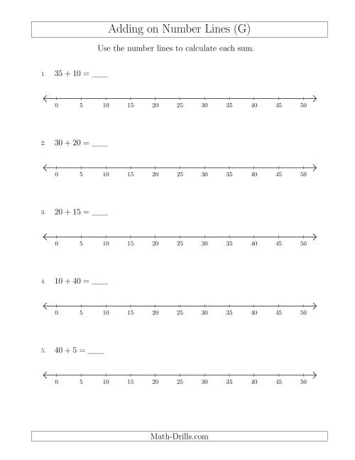 The Adding up to 50 on Number Lines with Intervals of 5 (G) Math Worksheet