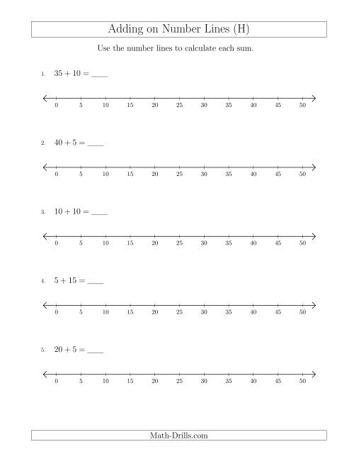 The Adding up to 50 on Number Lines with Intervals of 5 (H) Math Worksheet
