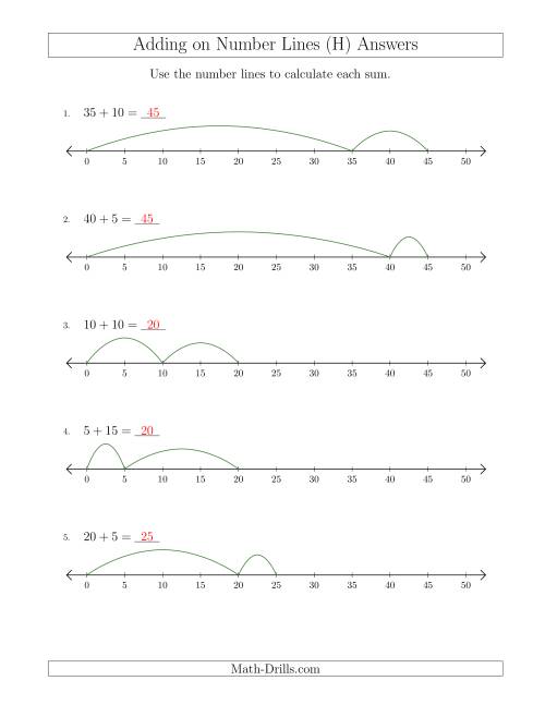 The Adding up to 50 on Number Lines with Intervals of 5 (H) Math Worksheet Page 2
