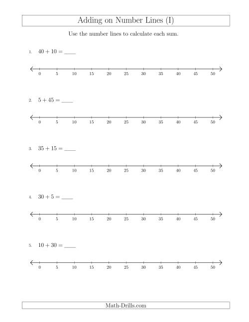 The Adding up to 50 on Number Lines with Intervals of 5 (I) Math Worksheet