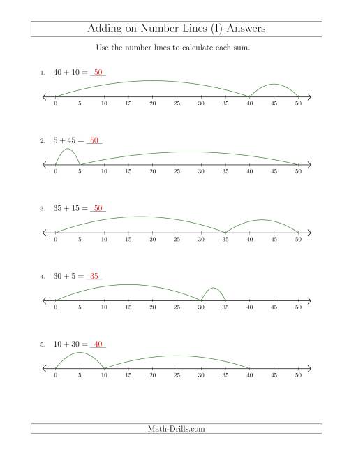 The Adding up to 50 on Number Lines with Intervals of 5 (I) Math Worksheet Page 2