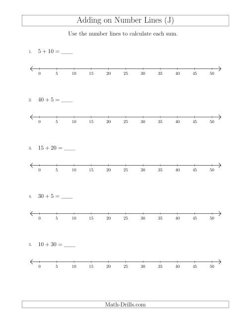 The Adding up to 50 on Number Lines with Intervals of 5 (J) Math Worksheet