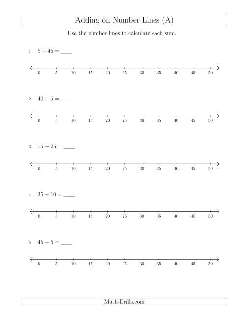 The Adding up to 50 on Number Lines with Intervals of 5 (All) Math Worksheet