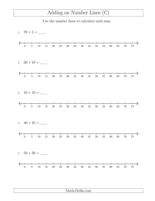 The Adding up to 75 on Number Lines with Intervals of 5 (C) Math Worksheet