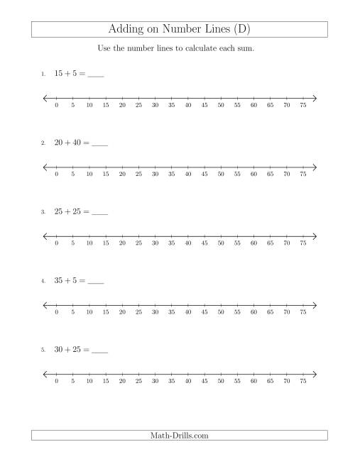 The Adding up to 75 on Number Lines with Intervals of 5 (D) Math Worksheet