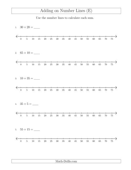 The Adding up to 75 on Number Lines with Intervals of 5 (E) Math Worksheet