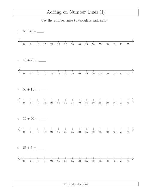 The Adding up to 75 on Number Lines with Intervals of 5 (I) Math Worksheet