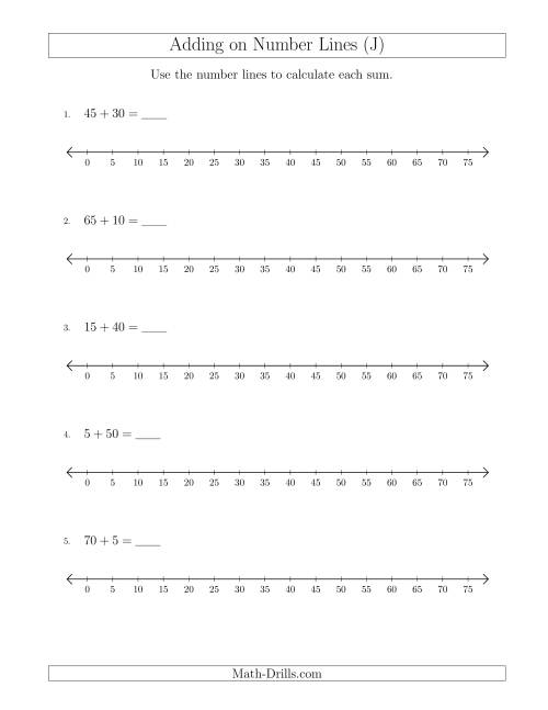 The Adding up to 75 on Number Lines with Intervals of 5 (J) Math Worksheet