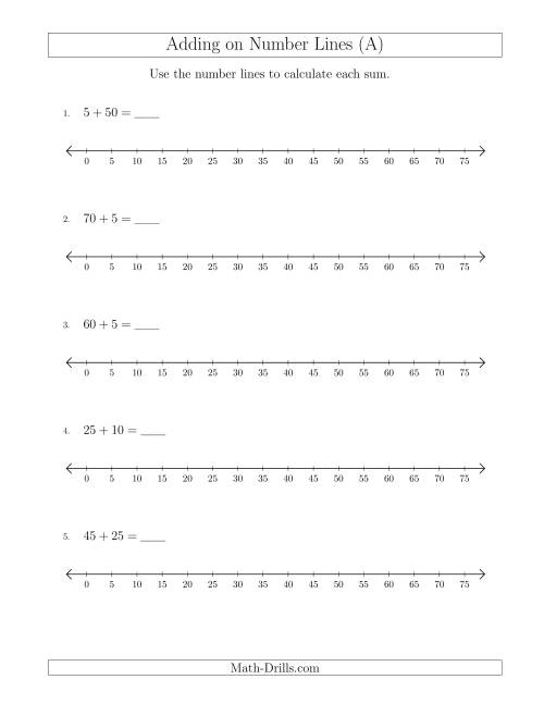 The Adding up to 75 on Number Lines with Intervals of 5 (All) Math Worksheet
