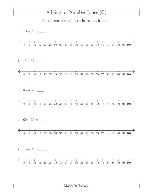 The Adding up to 100 on Number Lines with Intervals of 5 (C) Math Worksheet