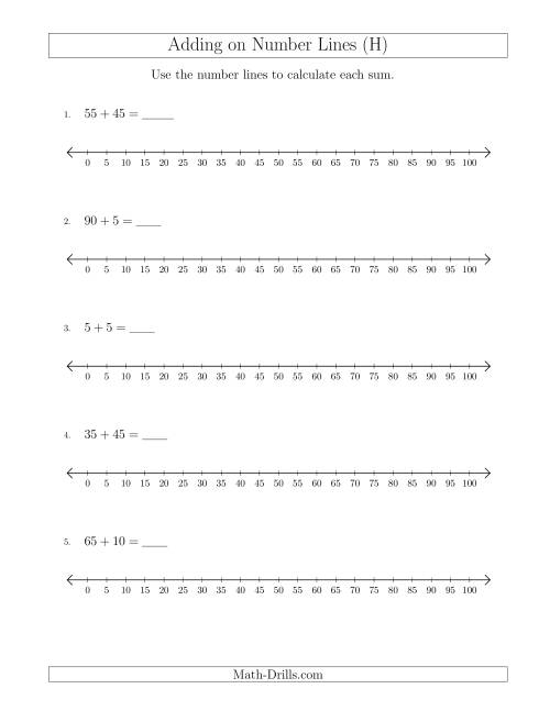 The Adding up to 100 on Number Lines with Intervals of 5 (H) Math Worksheet