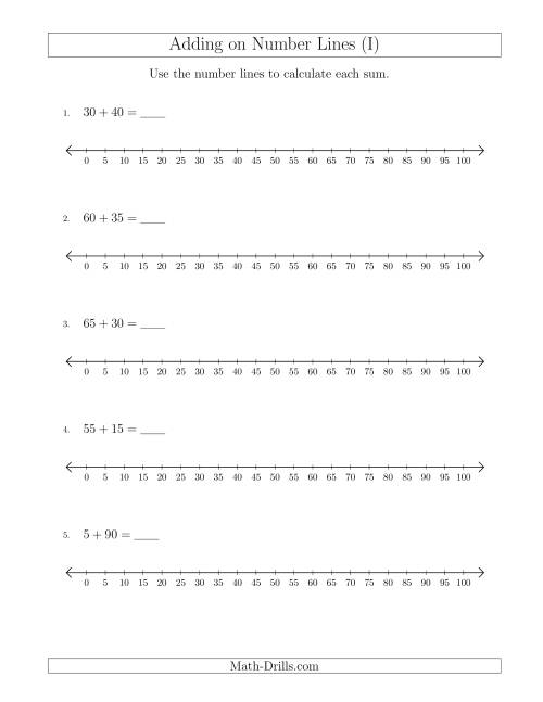 The Adding up to 100 on Number Lines with Intervals of 5 (I) Math Worksheet