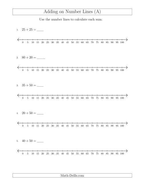 The Adding up to 100 on Number Lines with Intervals of 5 (All) Math Worksheet