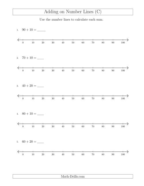 The Adding up to 100 on Number Lines with Intervals of 10 (C) Math Worksheet
