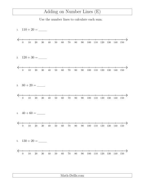 The Adding up to 150 on Number Lines with Intervals of 10 (E) Math Worksheet