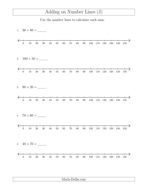 The Adding up to 150 on Number Lines with Intervals of 10 (J) Math Worksheet