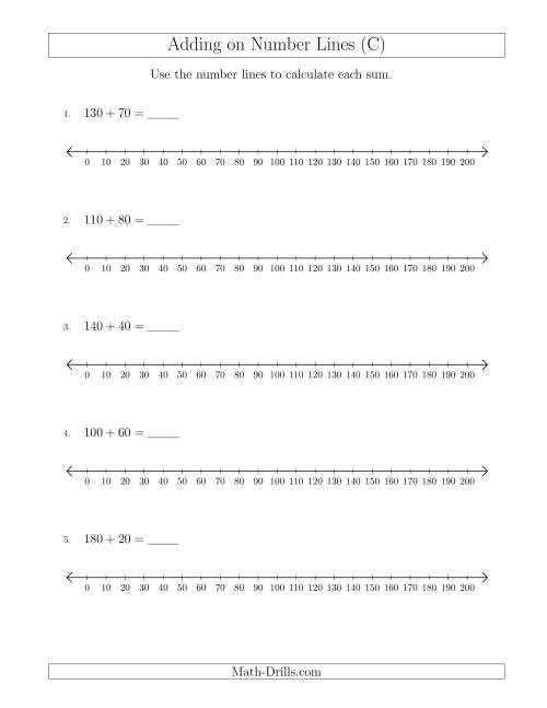 The Adding up to 200 on Number Lines with Intervals of 10 (C) Math Worksheet