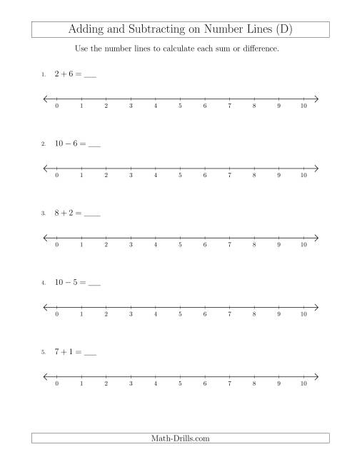 The Adding and Subtracting up to 10 on Number Lines with Intervals of 1 (D) Math Worksheet