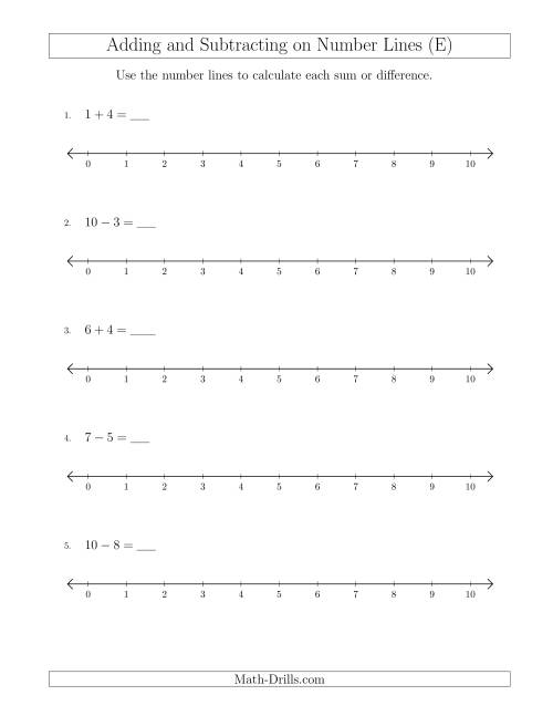 The Adding and Subtracting up to 10 on Number Lines with Intervals of 1 (E) Math Worksheet