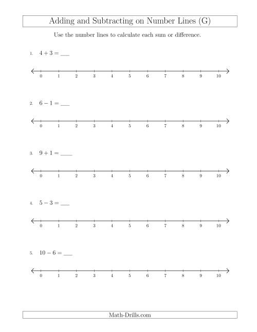 The Adding and Subtracting up to 10 on Number Lines with Intervals of 1 (G) Math Worksheet