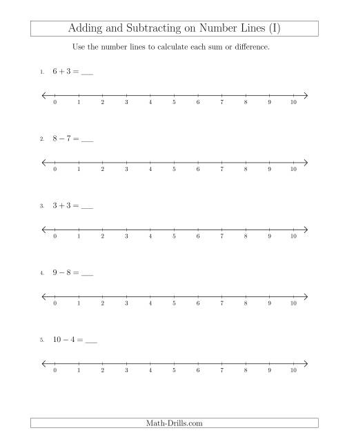 The Adding and Subtracting up to 10 on Number Lines with Intervals of 1 (I) Math Worksheet