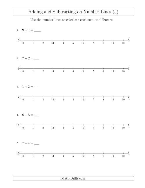The Adding and Subtracting up to 10 on Number Lines with Intervals of 1 (J) Math Worksheet