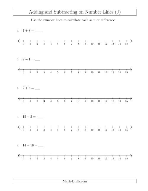 The Adding and Subtracting up to 15 on Number Lines with Intervals of 1 (J) Math Worksheet