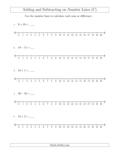 The Adding and Subtracting up to 20 on Number Lines with Intervals of 1 (C) Math Worksheet