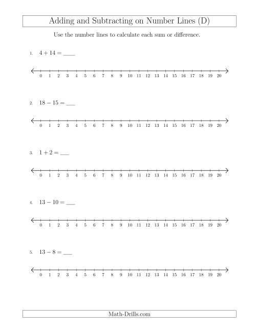 The Adding and Subtracting up to 20 on Number Lines with Intervals of 1 (D) Math Worksheet