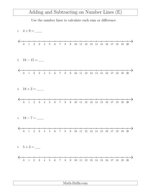 The Adding and Subtracting up to 20 on Number Lines with Intervals of 1 (E) Math Worksheet