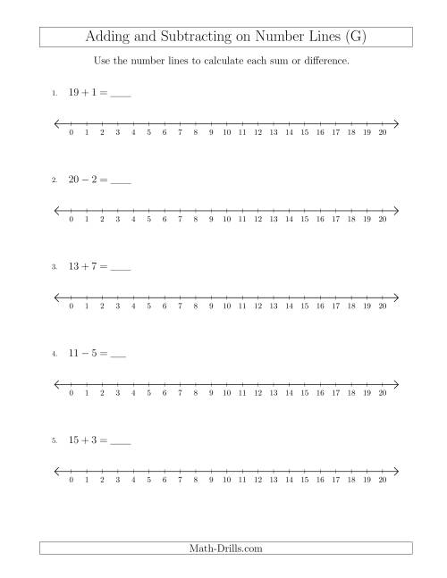 The Adding and Subtracting up to 20 on Number Lines with Intervals of 1 (G) Math Worksheet