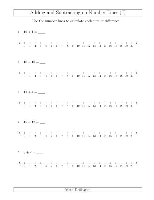 The Adding and Subtracting up to 20 on Number Lines with Intervals of 1 (J) Math Worksheet