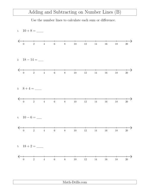 The Adding and Subtracting up to 20 on Number Lines with Intervals of 2 (B) Math Worksheet
