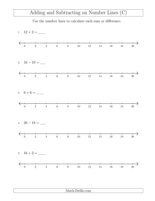 The Adding and Subtracting up to 20 on Number Lines with Intervals of 2 (C) Math Worksheet
