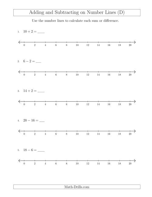 The Adding and Subtracting up to 20 on Number Lines with Intervals of 2 (D) Math Worksheet
