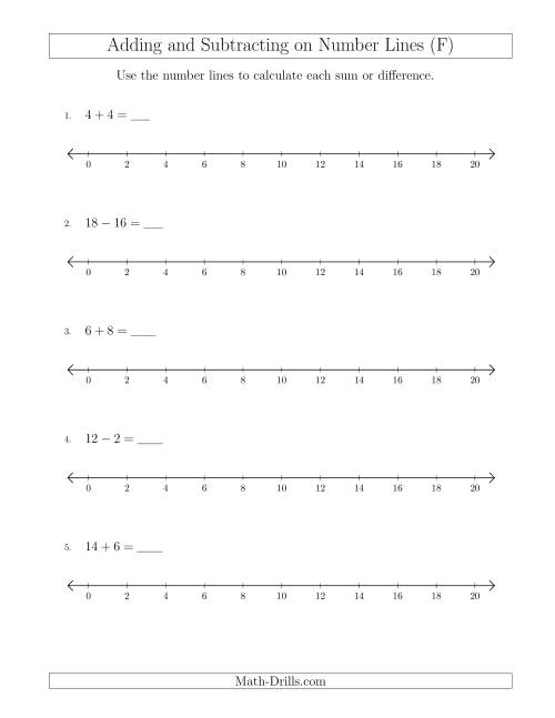 The Adding and Subtracting up to 20 on Number Lines with Intervals of 2 (F) Math Worksheet