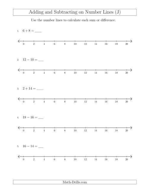 The Adding and Subtracting up to 20 on Number Lines with Intervals of 2 (J) Math Worksheet