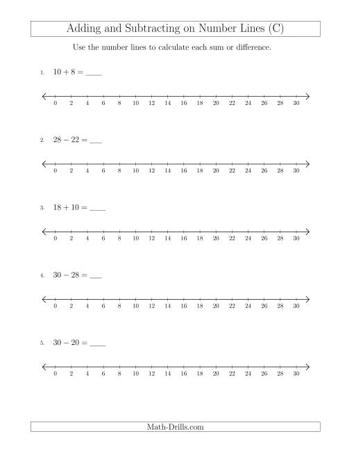 The Adding and Subtracting up to 30 on Number Lines with Intervals of 2 (C) Math Worksheet
