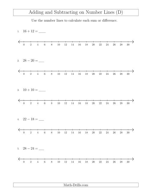 The Adding and Subtracting up to 30 on Number Lines with Intervals of 2 (D) Math Worksheet