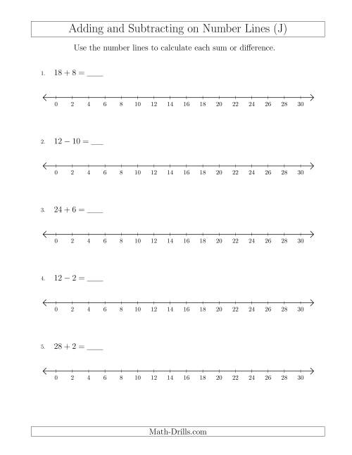 The Adding and Subtracting up to 30 on Number Lines with Intervals of 2 (J) Math Worksheet