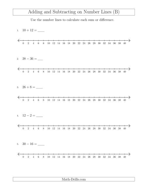 The Adding and Subtracting up to 40 on Number Lines with Intervals of 2 (B) Math Worksheet