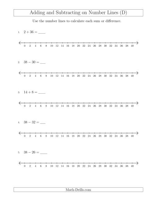The Adding and Subtracting up to 40 on Number Lines with Intervals of 2 (D) Math Worksheet