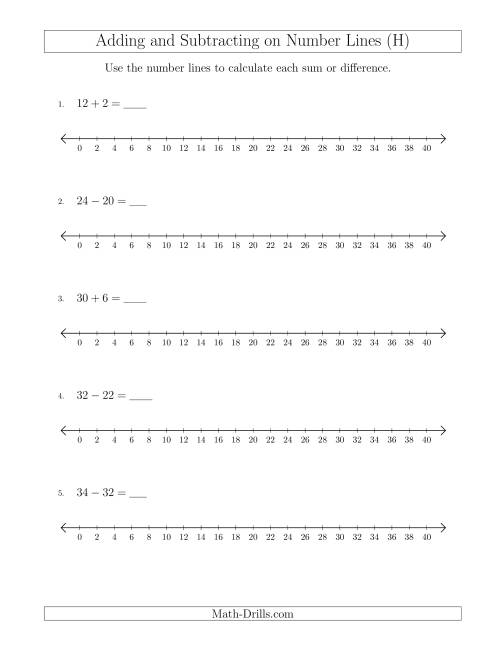 The Adding and Subtracting up to 40 on Number Lines with Intervals of 2 (H) Math Worksheet