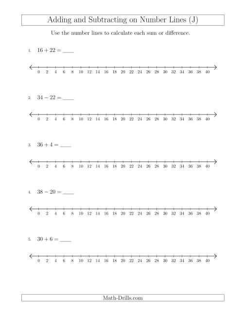 The Adding and Subtracting up to 40 on Number Lines with Intervals of 2 (J) Math Worksheet