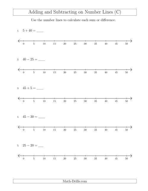The Adding and Subtracting up to 50 on Number Lines with Intervals of 5 (C) Math Worksheet